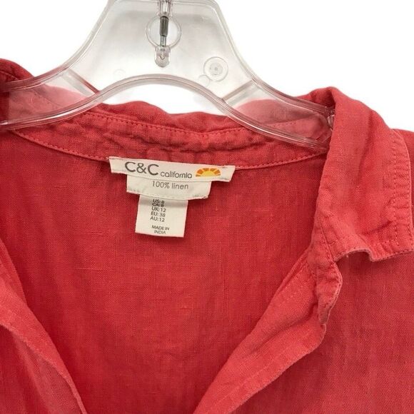 C&C California 100% Linen Collared Sleeveless Pocket Dress Size 8 Coral Pink - Picture 3 of 4